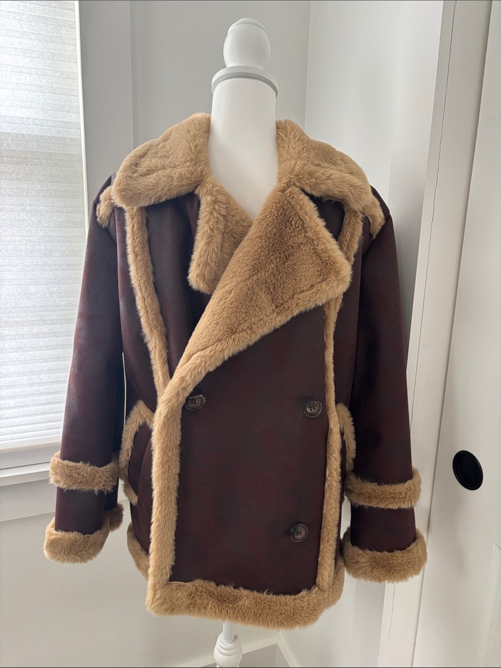 French Connection Brown Peacoat with Tan Shearling Trim